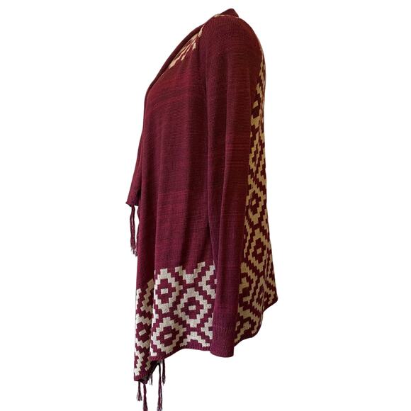 Red Camel Women’s Burgundy/Cream Fringe Waterfall Open Cardigan Size Medium - Picture 3 of 7